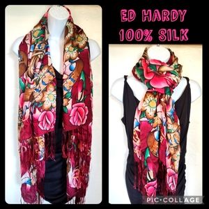 Ed Hardy scarf 100% silk fringe shawl head scarf wrap skull tattoo rose eagle